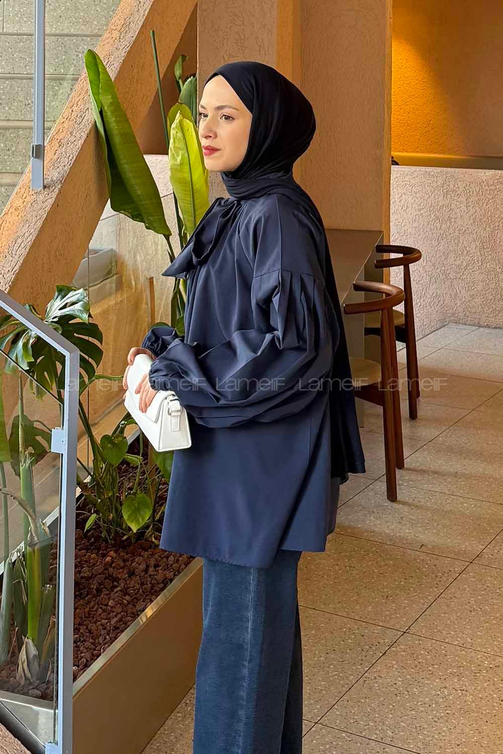 Lamelif Yaka Fular Detaylı Gömlek Koyu Lacivert