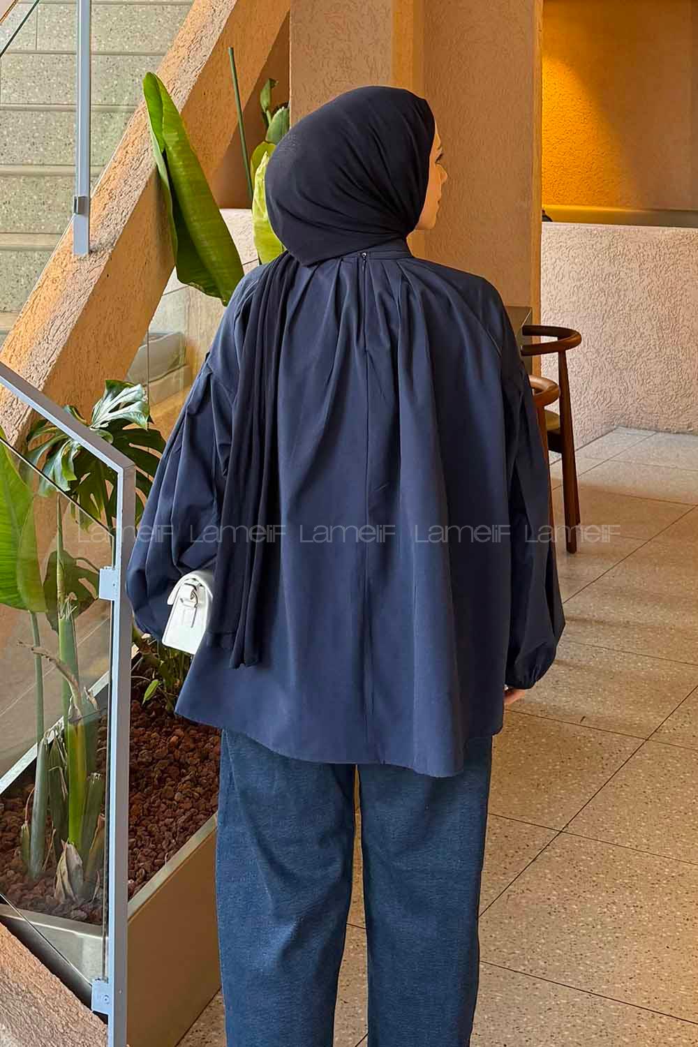 Lamelif Yaka Fular Detaylı Gömlek Koyu Lacivert