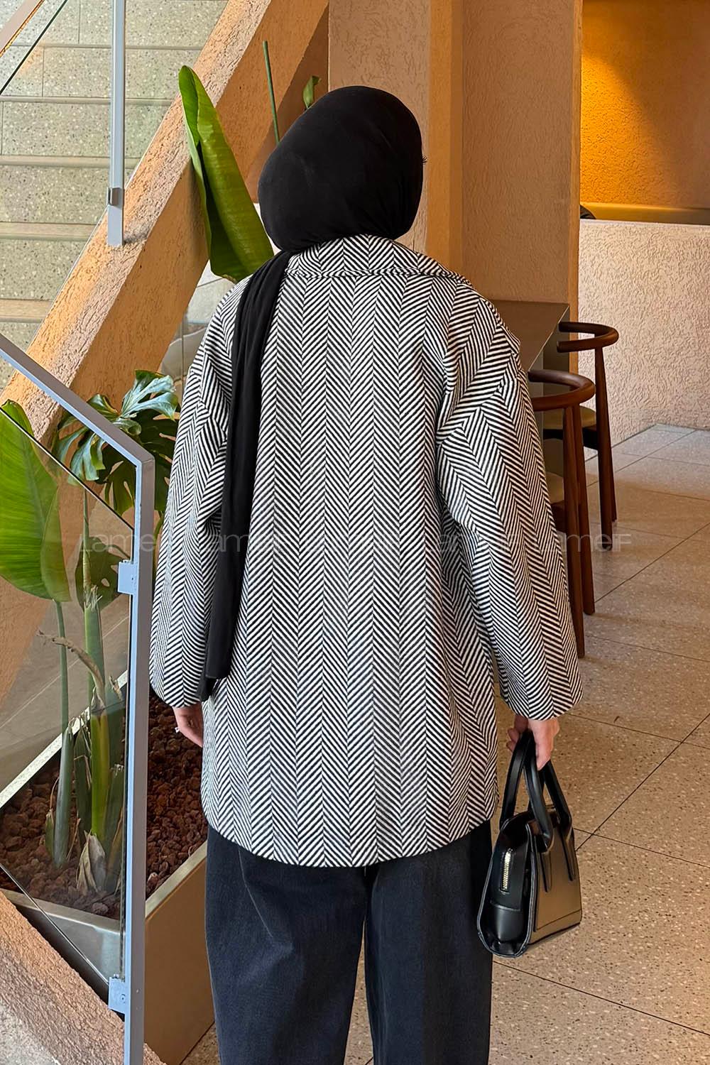 Black Normal Neck Long Arm Herringbone Coat