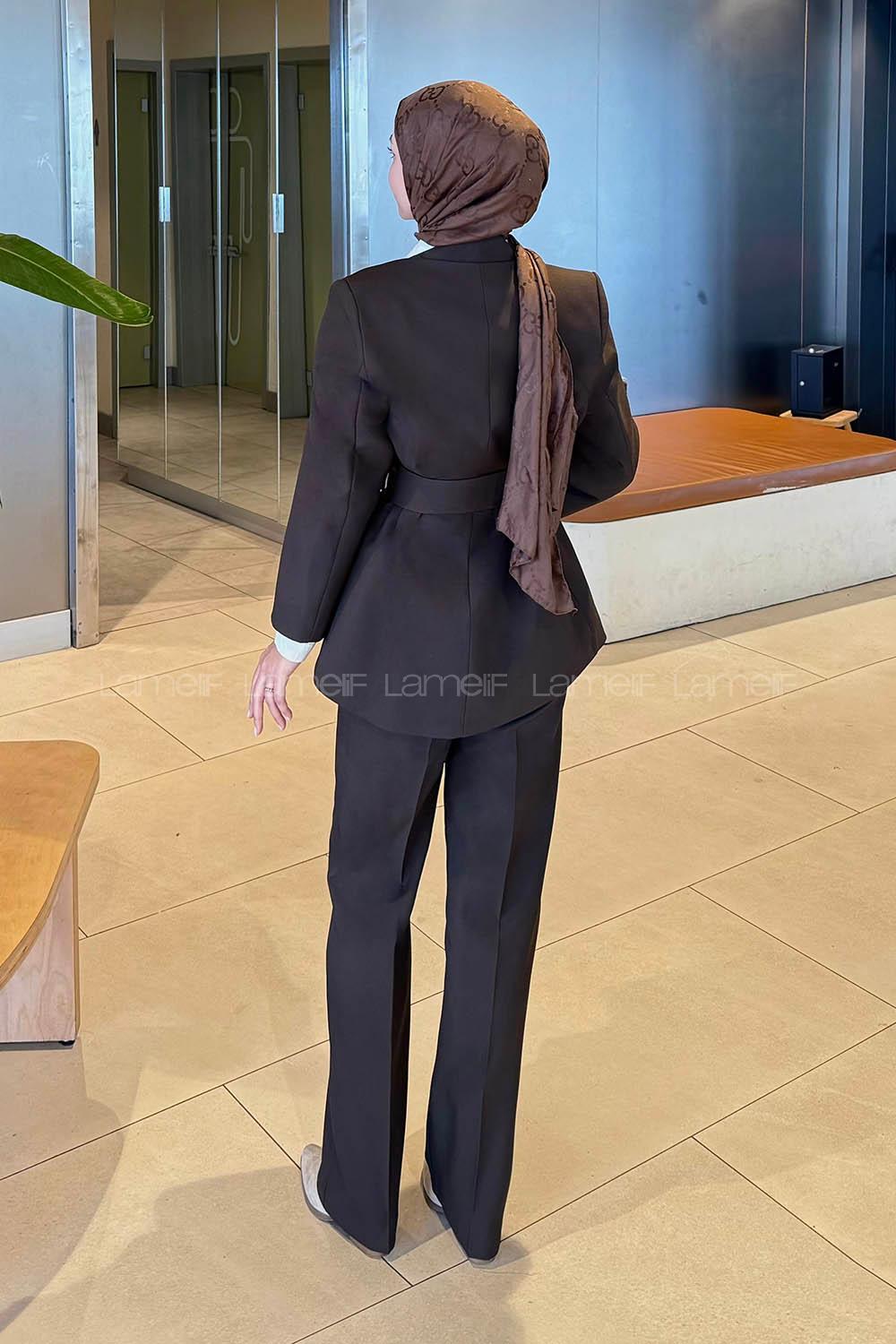 Lamelif Bağlama Detaylı Ceket-Pantolon Takım Kahverengi