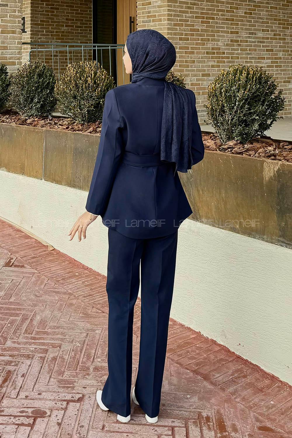 Lamelif Bağlama Detaylı Ceket-Pantolon Takım Lacivert