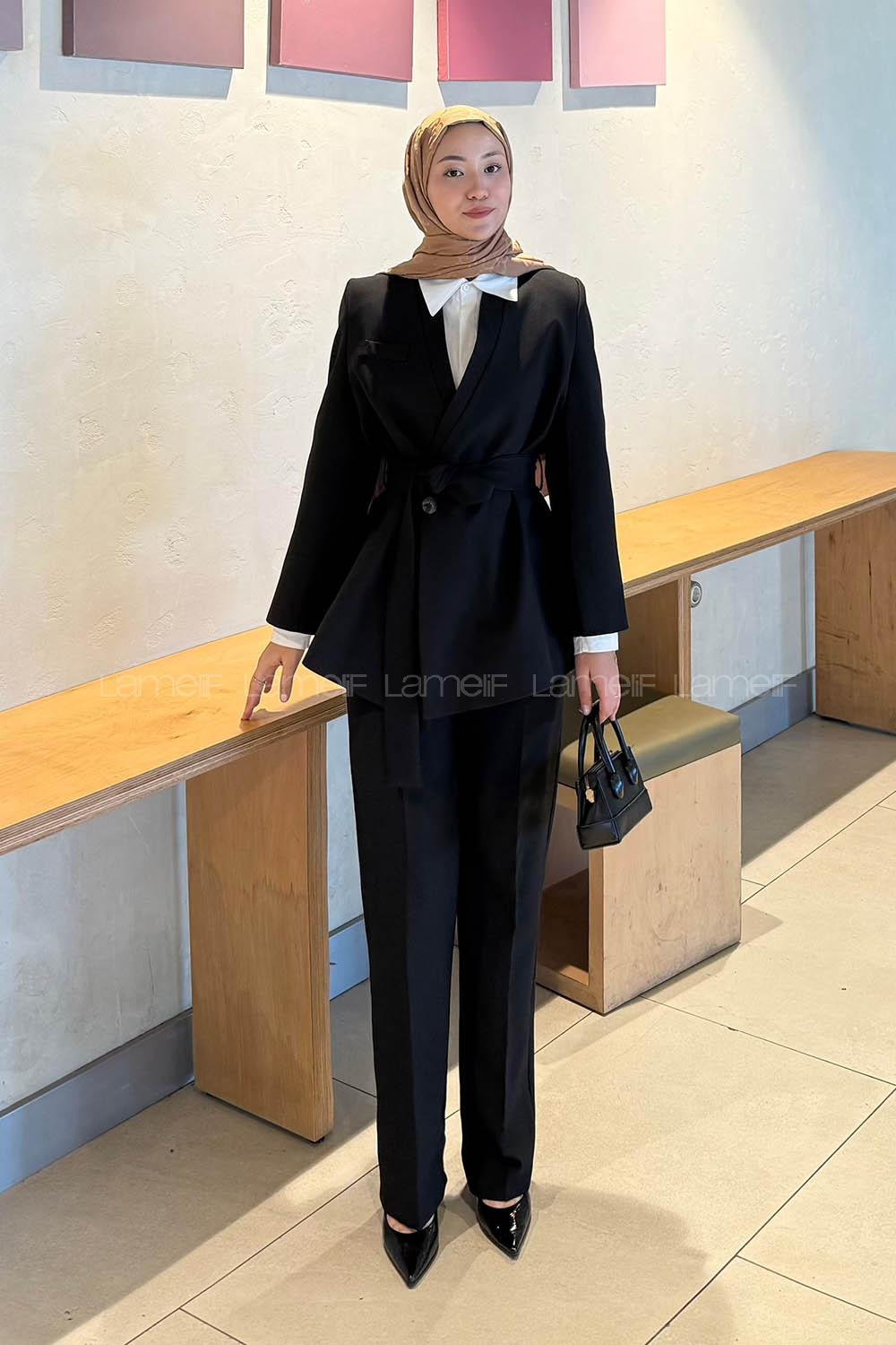 Lamelif Bağlama Detaylı Ceket-Pantolon Takım Siyah
