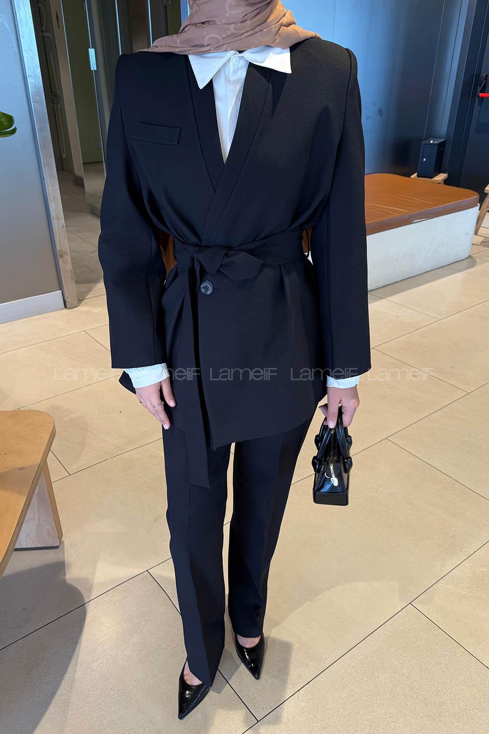 Lamelif Bağlama Detaylı Ceket-Pantolon Takım Siyah