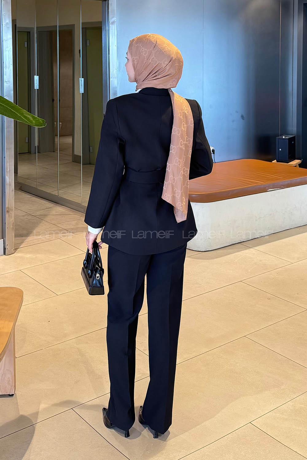 Lamelif Bağlama Detaylı Ceket-Pantolon Takım Siyah