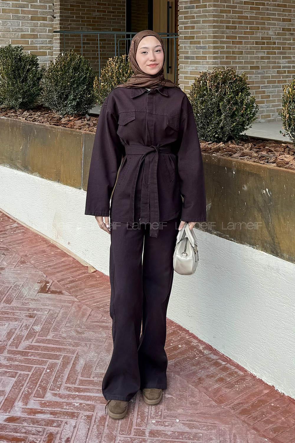 Lamelif Bağlama Detaylı Kot Takım Acı Kahve