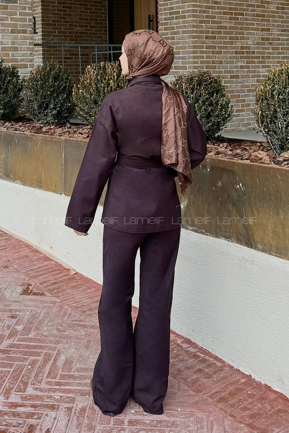 Lamelif Bağlama Detaylı Kot Takım Acı Kahve