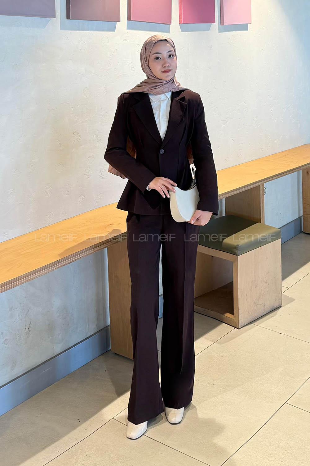 Lamelif Belden Oturtmalı Ceket-Pantolon Takım Mürdüm