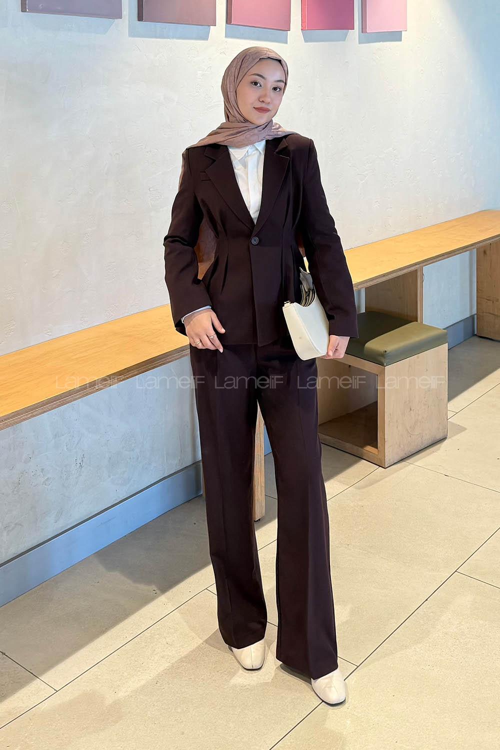 Lamelif Belden Oturtmalı Ceket-Pantolon Takım Mürdüm