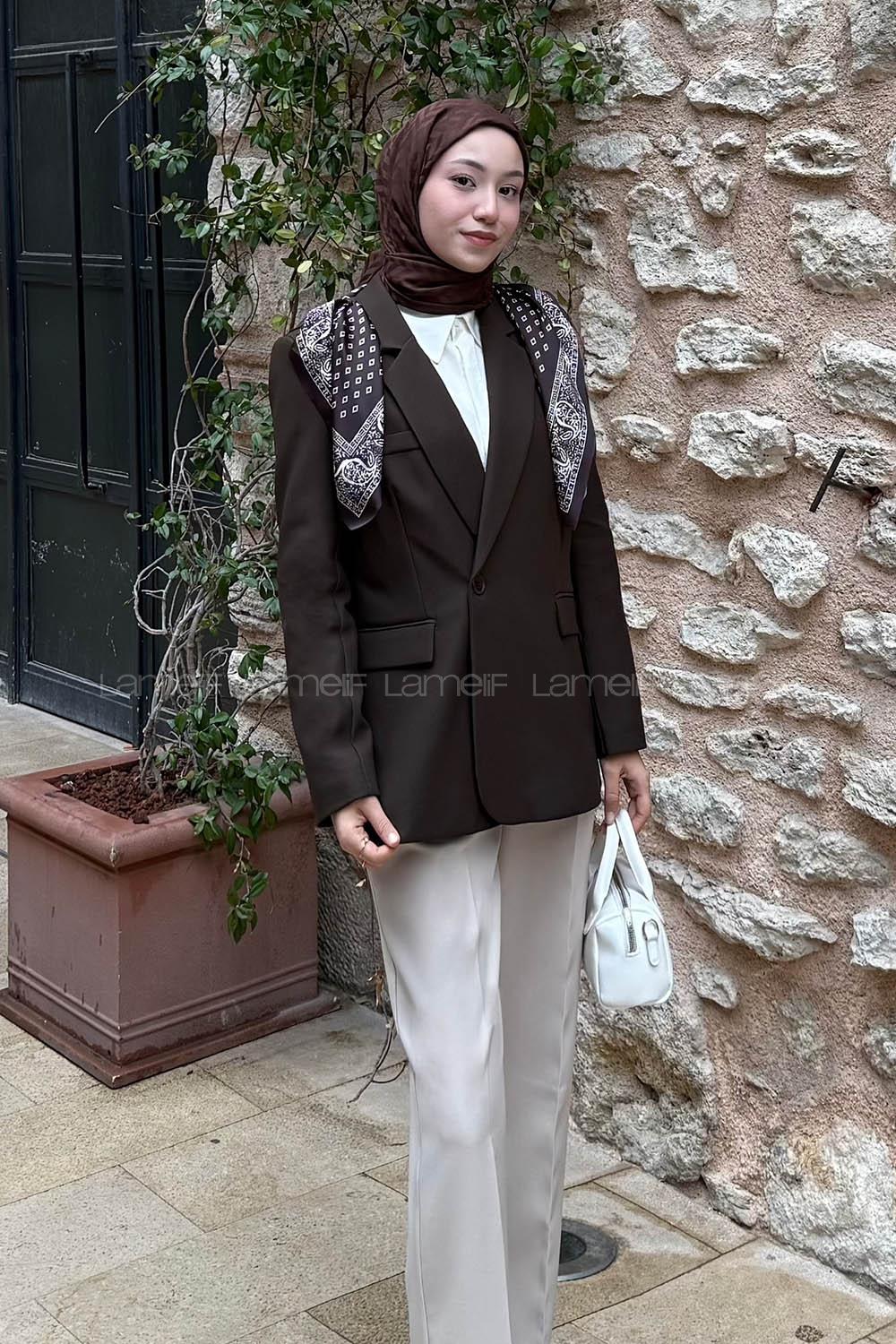 Lamelif Fular Detaylı Blazer Ceket Kahverengi