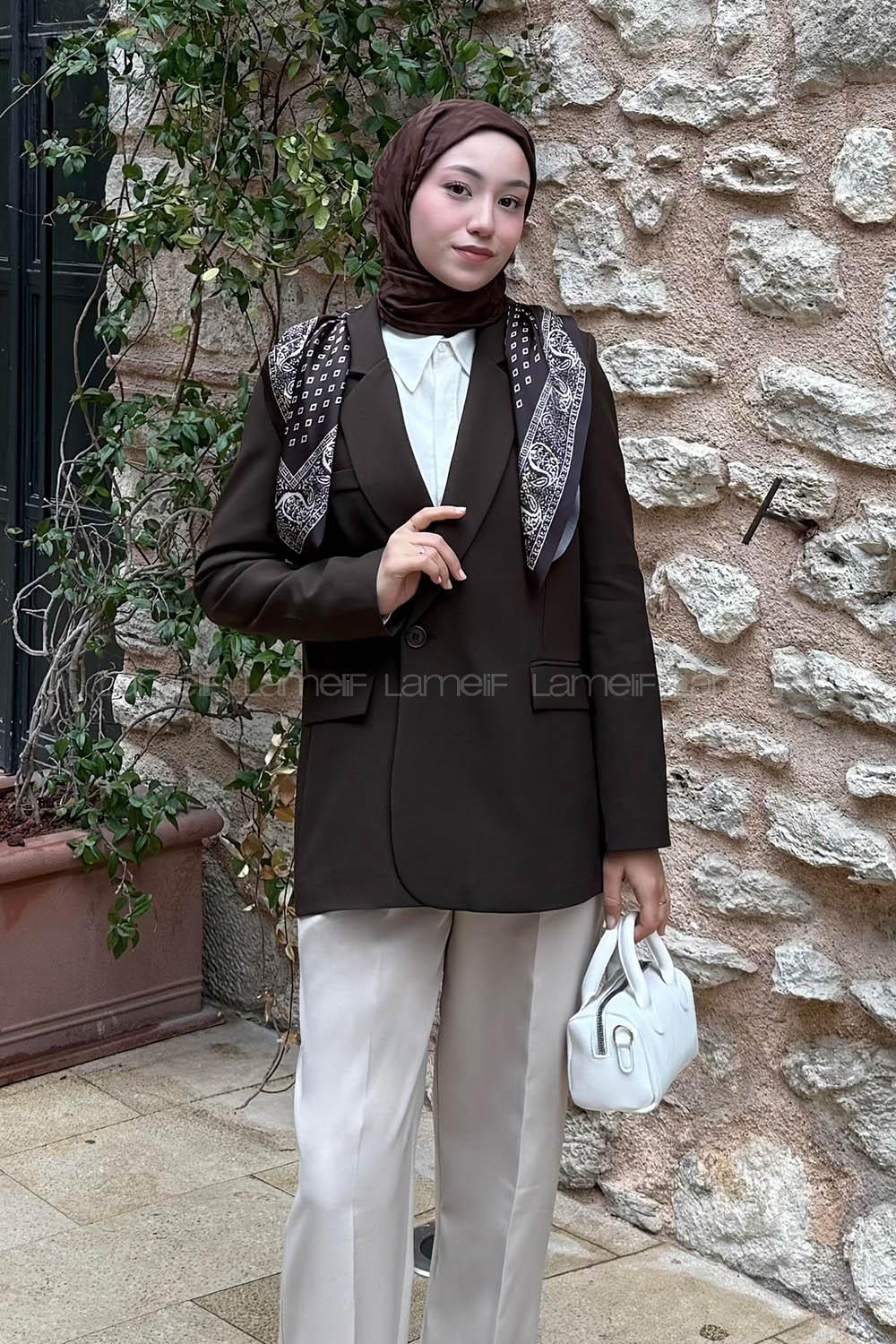 Lamelif Fular Detaylı Blazer Ceket Kahverengi