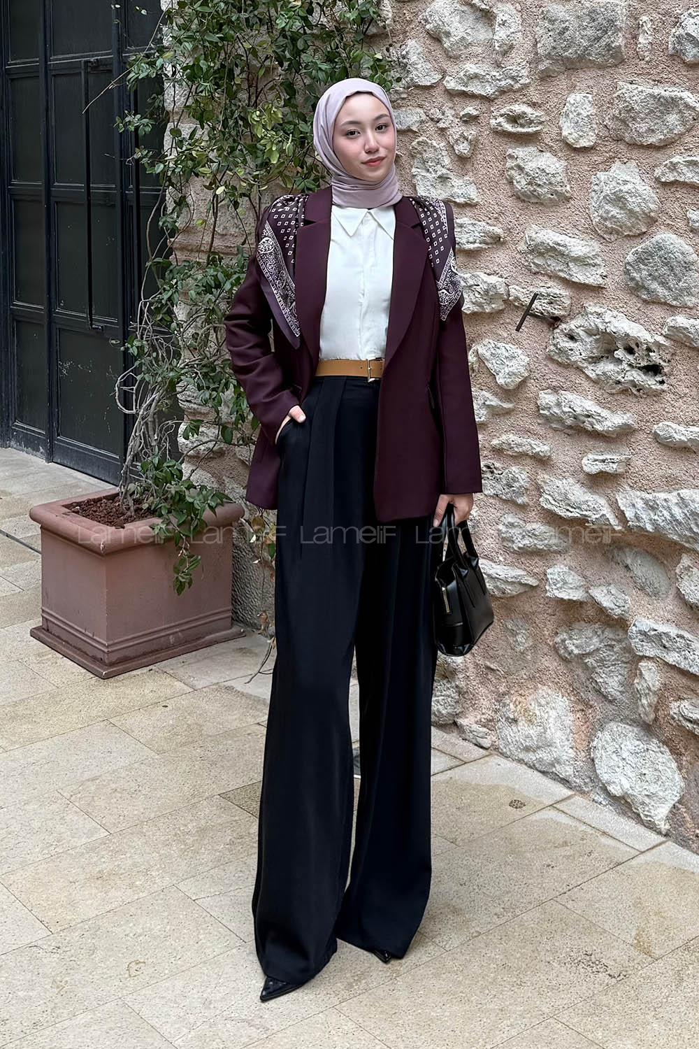 Lamelif Fular Detaylı Blazer Ceket Mürdüm