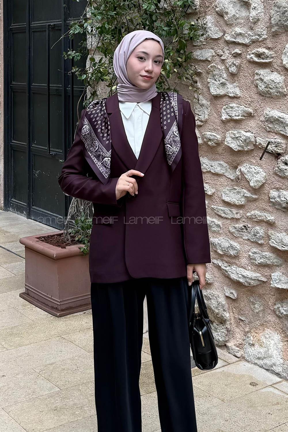 Lamelif Fular Detaylı Blazer Ceket Mürdüm