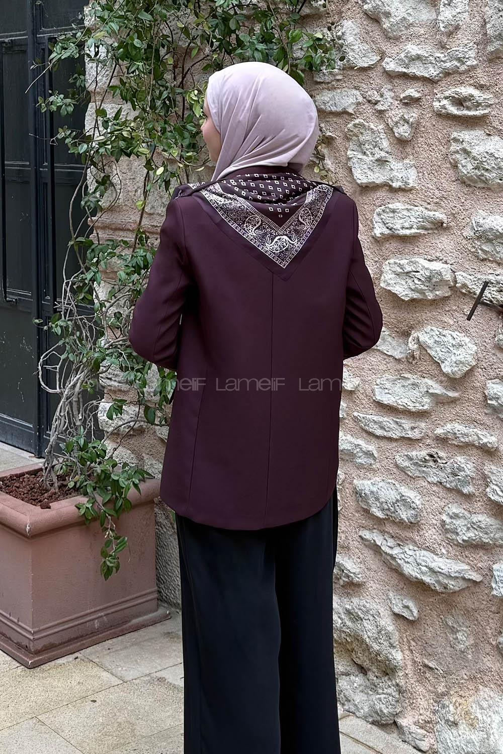 Lamelif Fular Detaylı Blazer Ceket Mürdüm