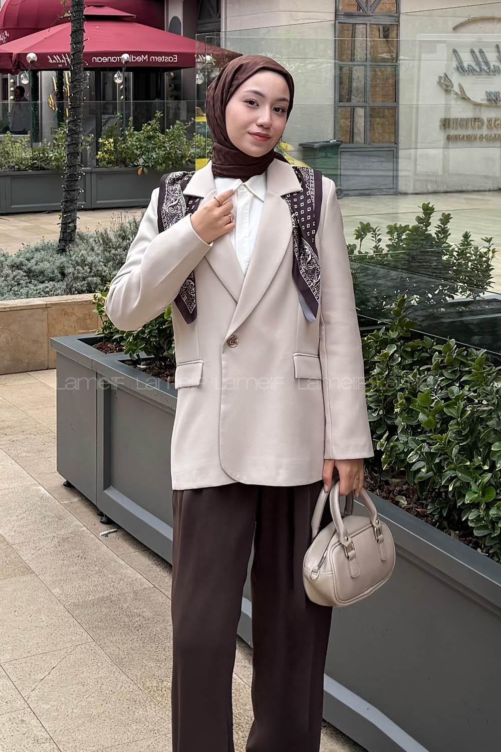Lamelif Fular Detaylı Blazer Ceket Taş Rengi