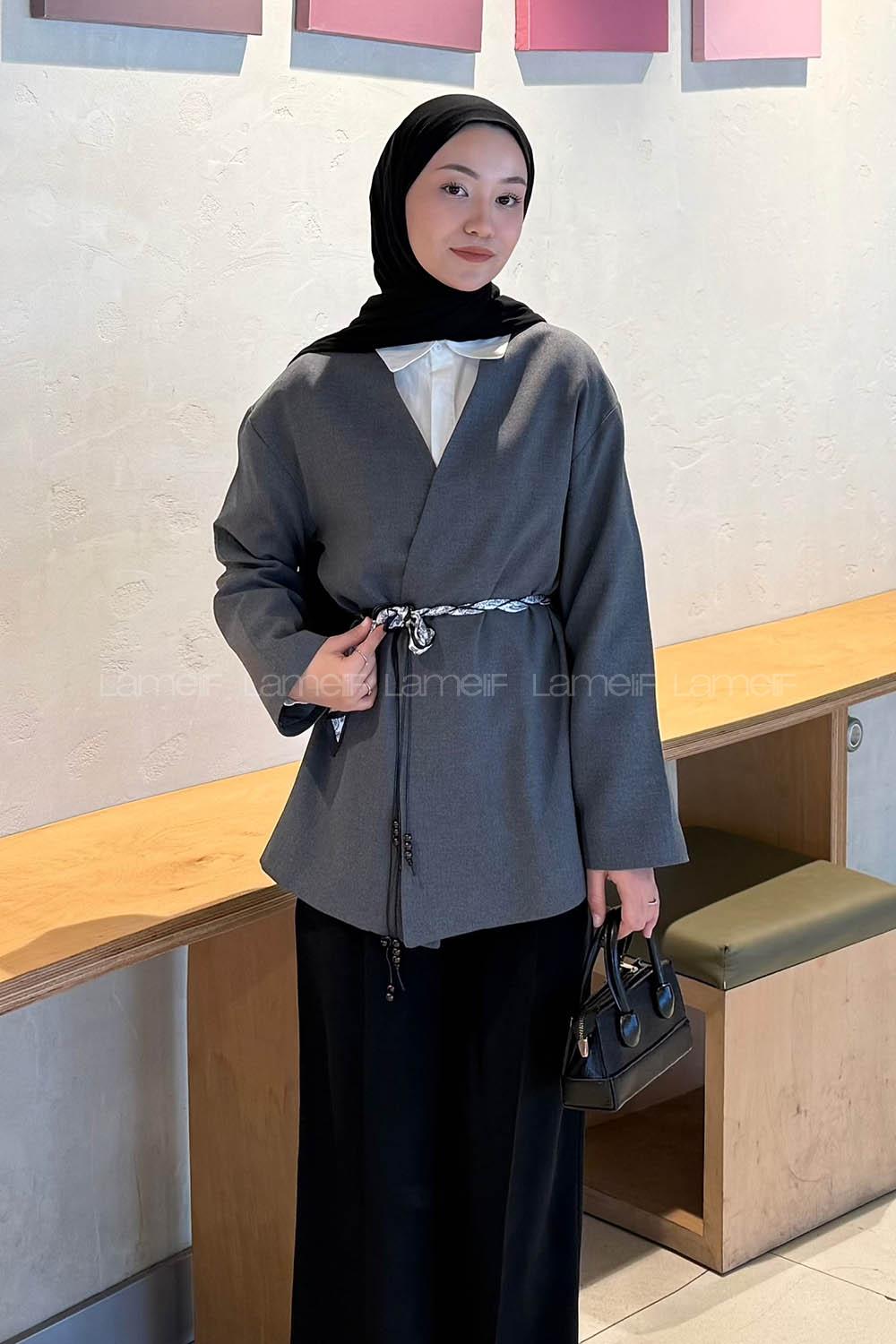 Lamelif Kemerli Tesettür Ceket Antrasit