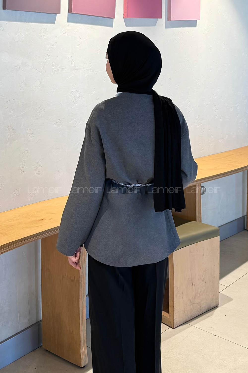 Lamelif Kemerli Tesettür Ceket Antrasit