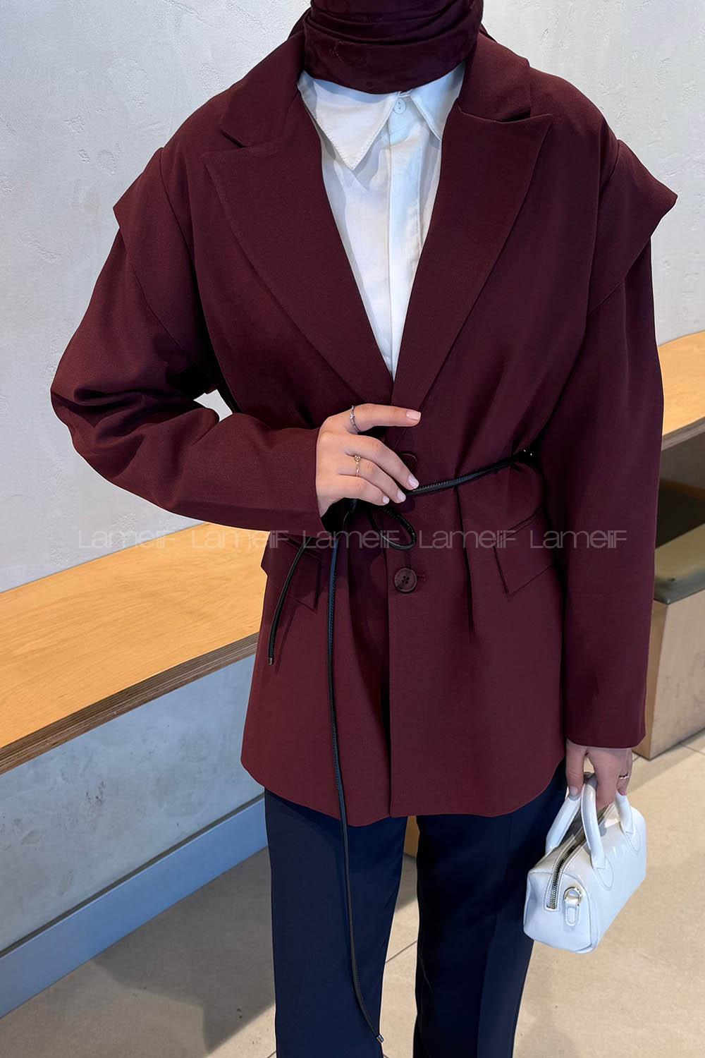 Lamelif Kol Detaylı Oversize Ceket Bordo