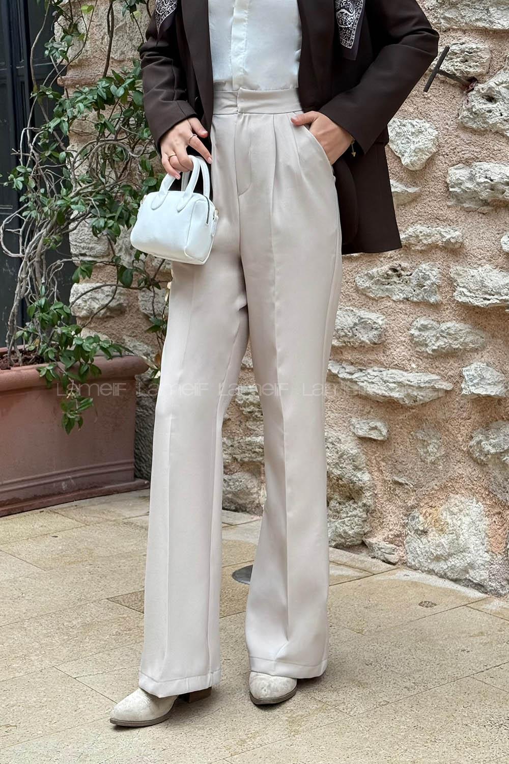 Lamelif Pens Detaylı Pantolon Taş Rengi