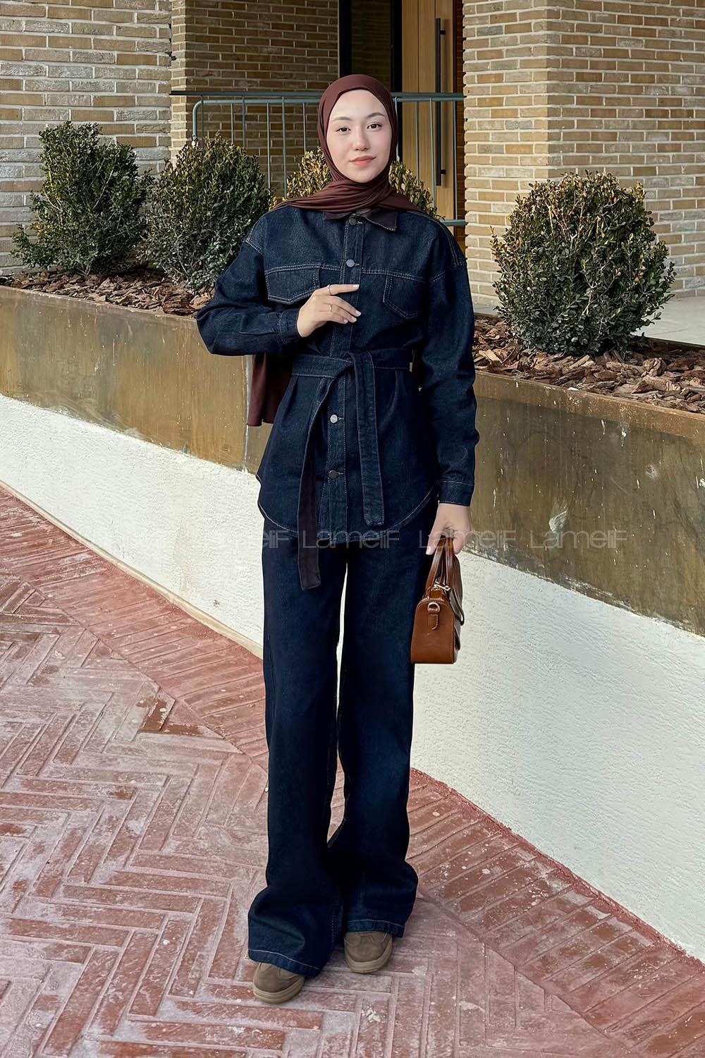 Lamelif Yaka Detaylı Kot Takım Koyu Mavi Yıkama Rengi