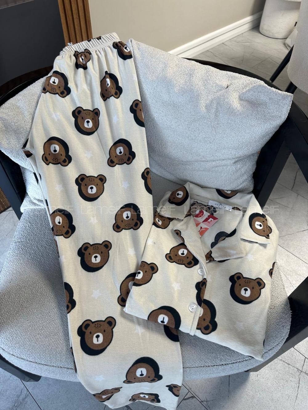 Lamelif Ekose Desen Ayıcıklı Pijama Takımı