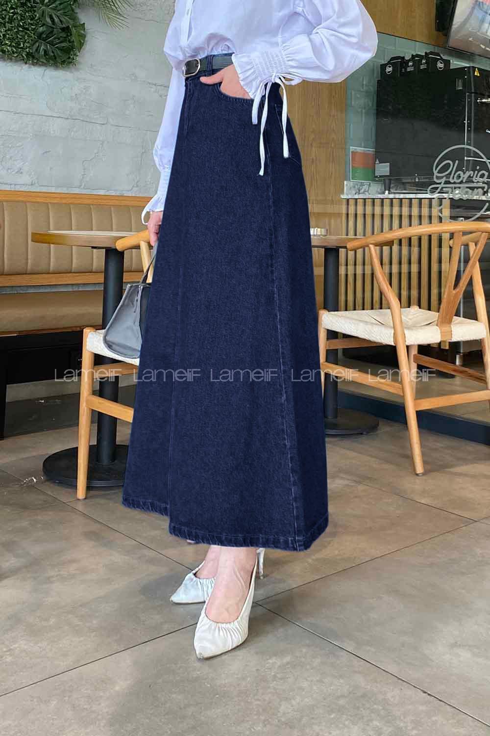 Dark Blue Denim Unprinted Straight Skirt Skirt