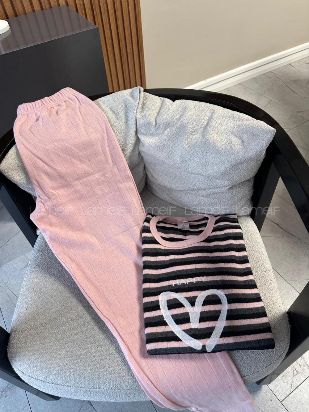 Lamelif Çizgili Raporlu İnterlok Happy Kalp Nakış Baskılı Penye Pijama Seti