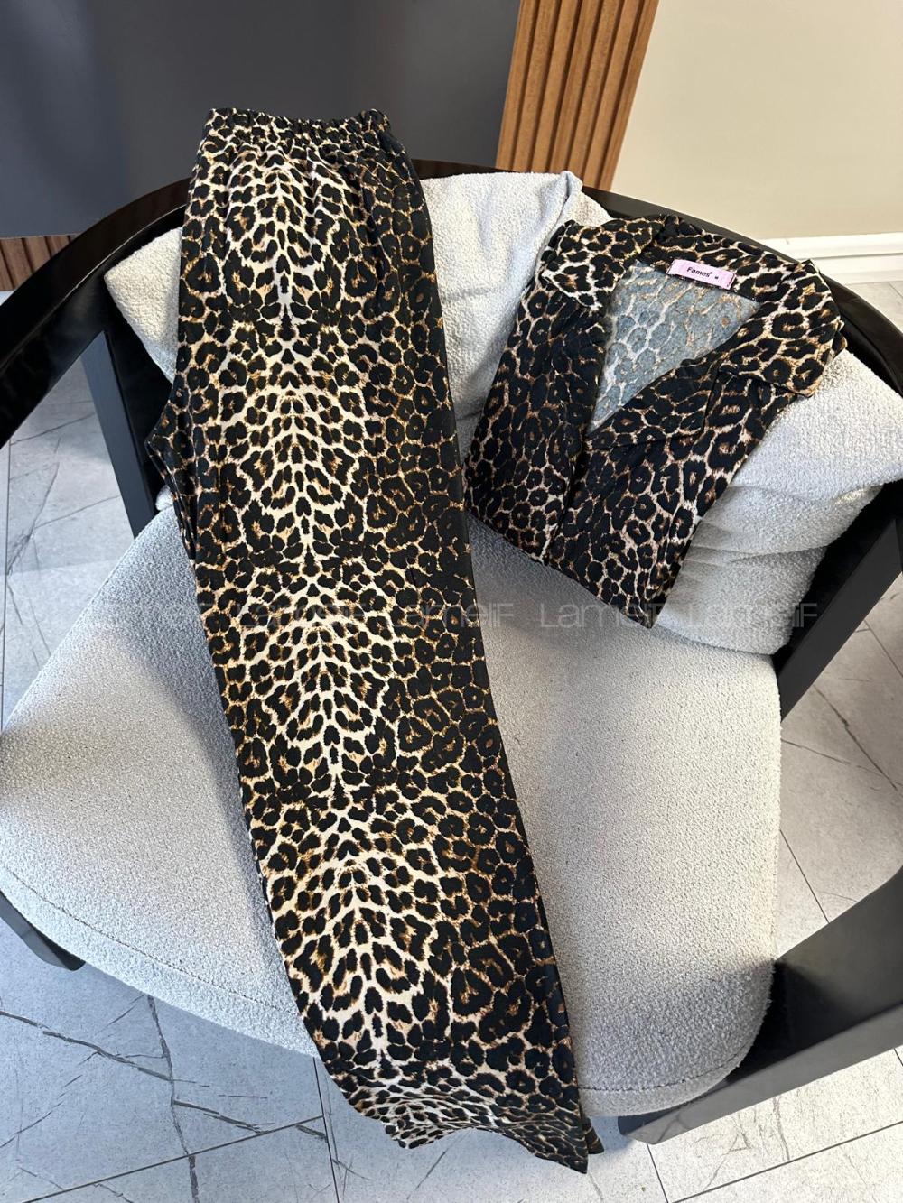 Lamelif Leopar Desen Süet Kumaş Pijama Seti
