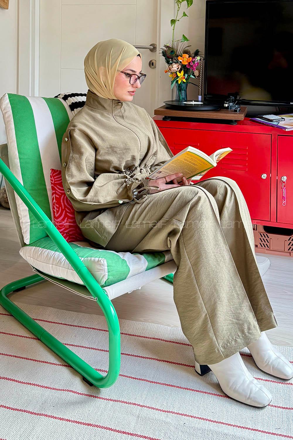 Lamelif Bağlama Detaylı Etekli Takım Haki