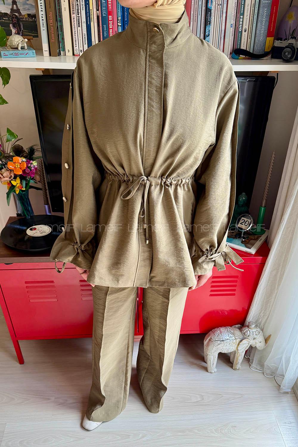 Lamelif Bağlama Detaylı Etekli Takım Haki