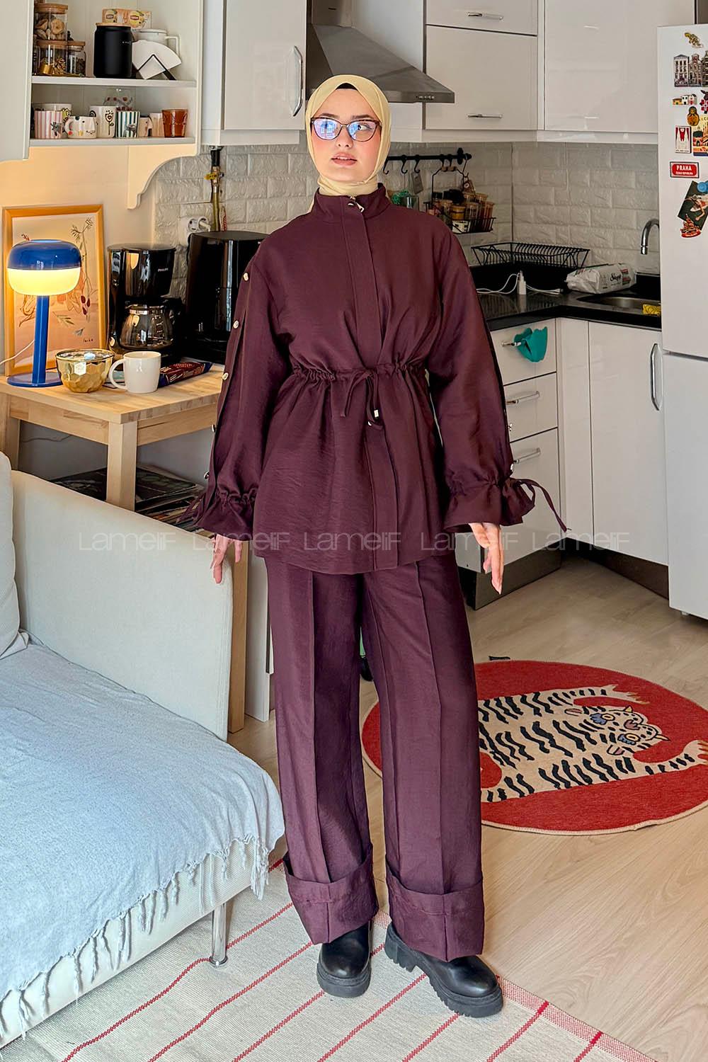 Lamelif Bağlama Detaylı Etekli Takım Mürdüm