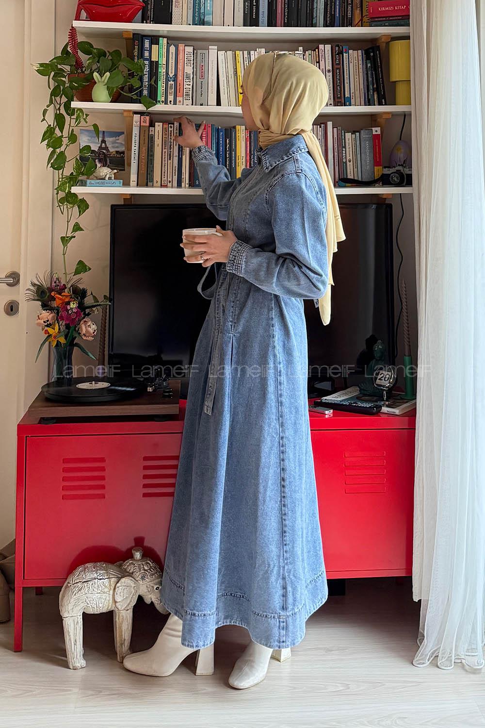 Lamelif Bağlama Detaylı Kot Elbise Açık Mavi