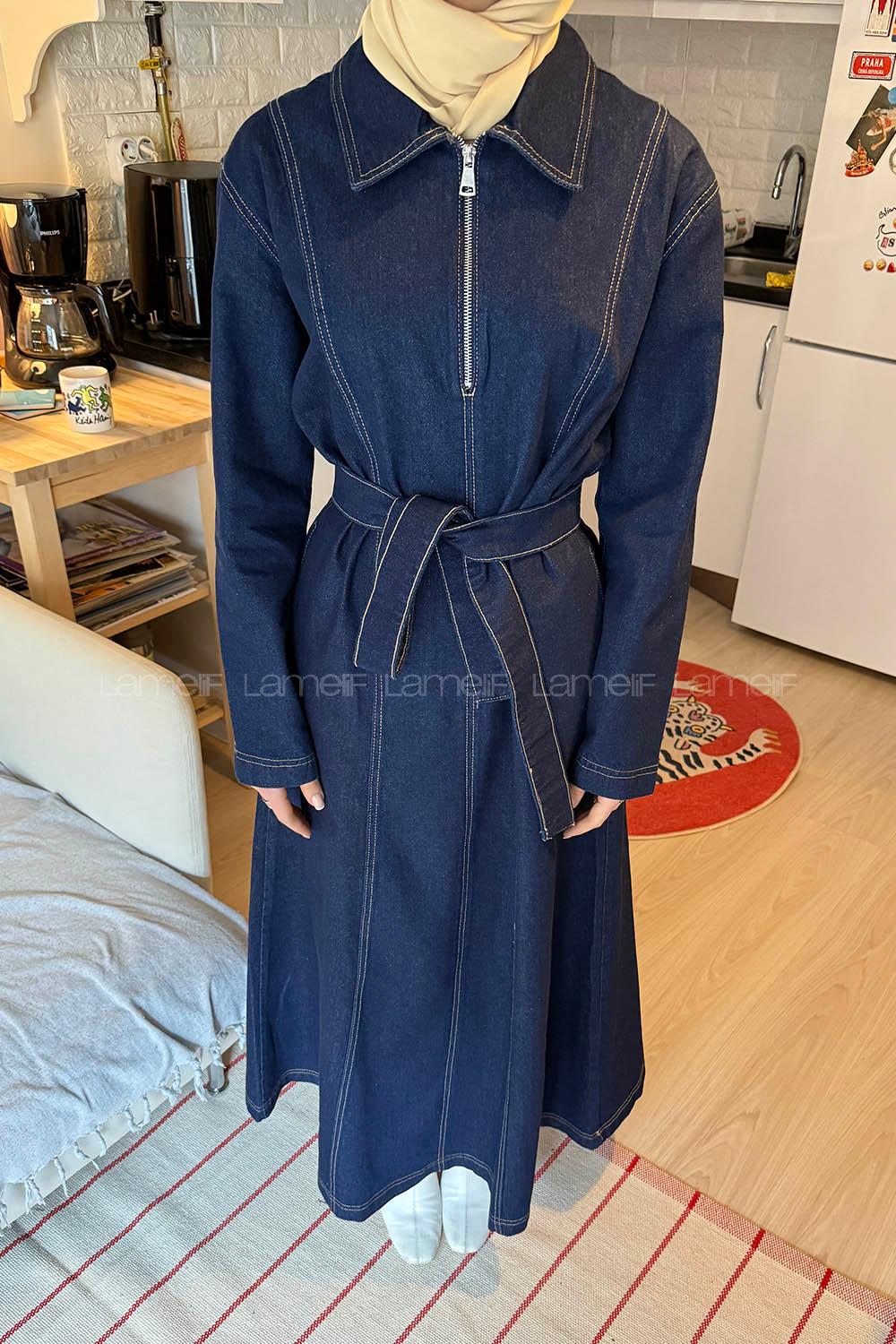 Lamelif Bağlama Detaylı Kot Elbise Kot Mavisi