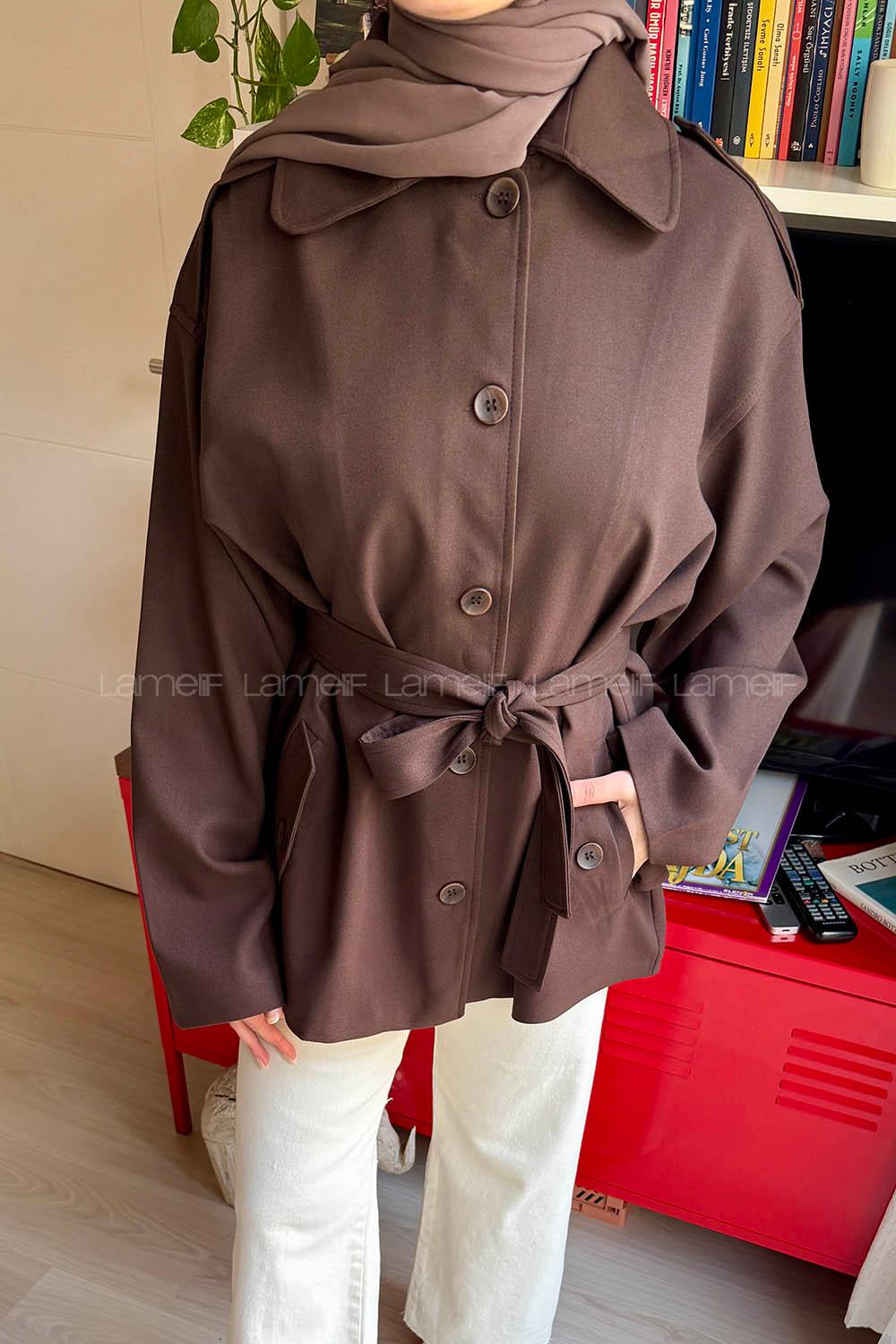 Lamelif Bağlama Detaylı Omuz Apoletli Trençkot Acı Kahve