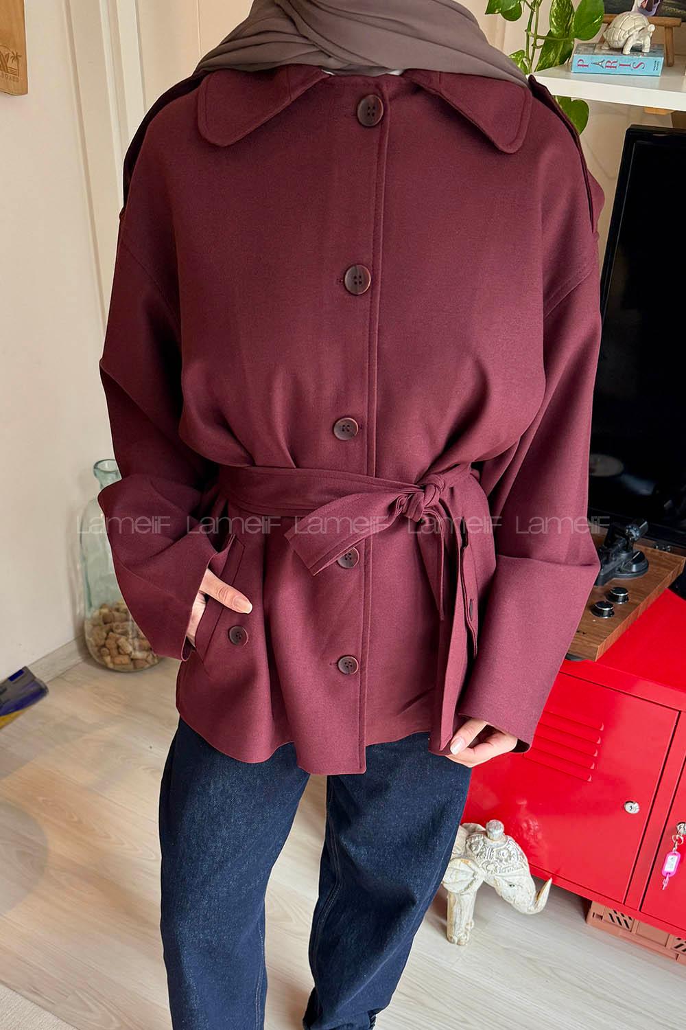 Lamelif Bağlama Detaylı Omuz Apoletli Trençkot Bordo