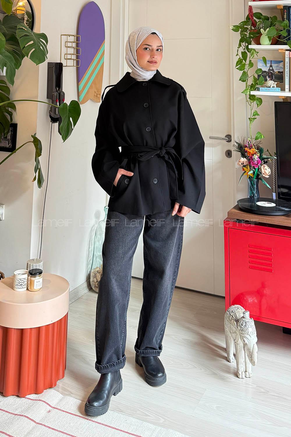 Lamelif Bağlama Detaylı Omuz Apoletli Trençkot Siyah