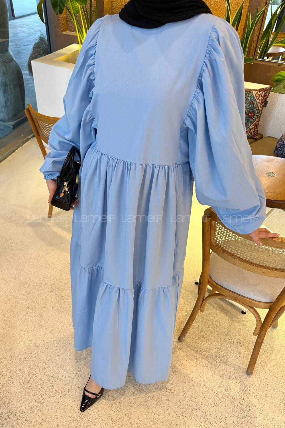 Lamelif Balon Kol Katlı Tesettür Elbise Bebe Mavisi