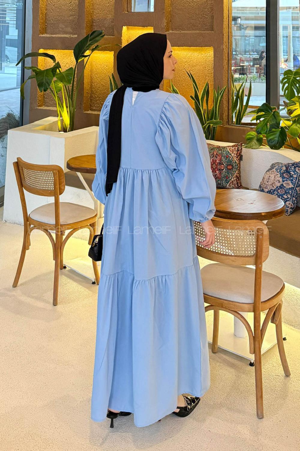 Lamelif Balon Kol Katlı Tesettür Elbise Bebe Mavisi