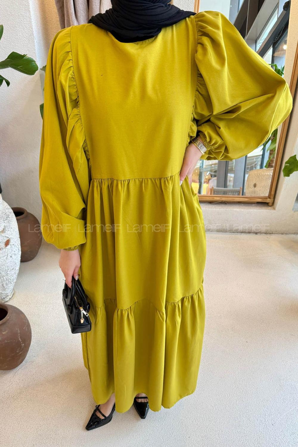 Lamelif Balon Kol Katlı Tesettür Elbise Yağ Yeşili