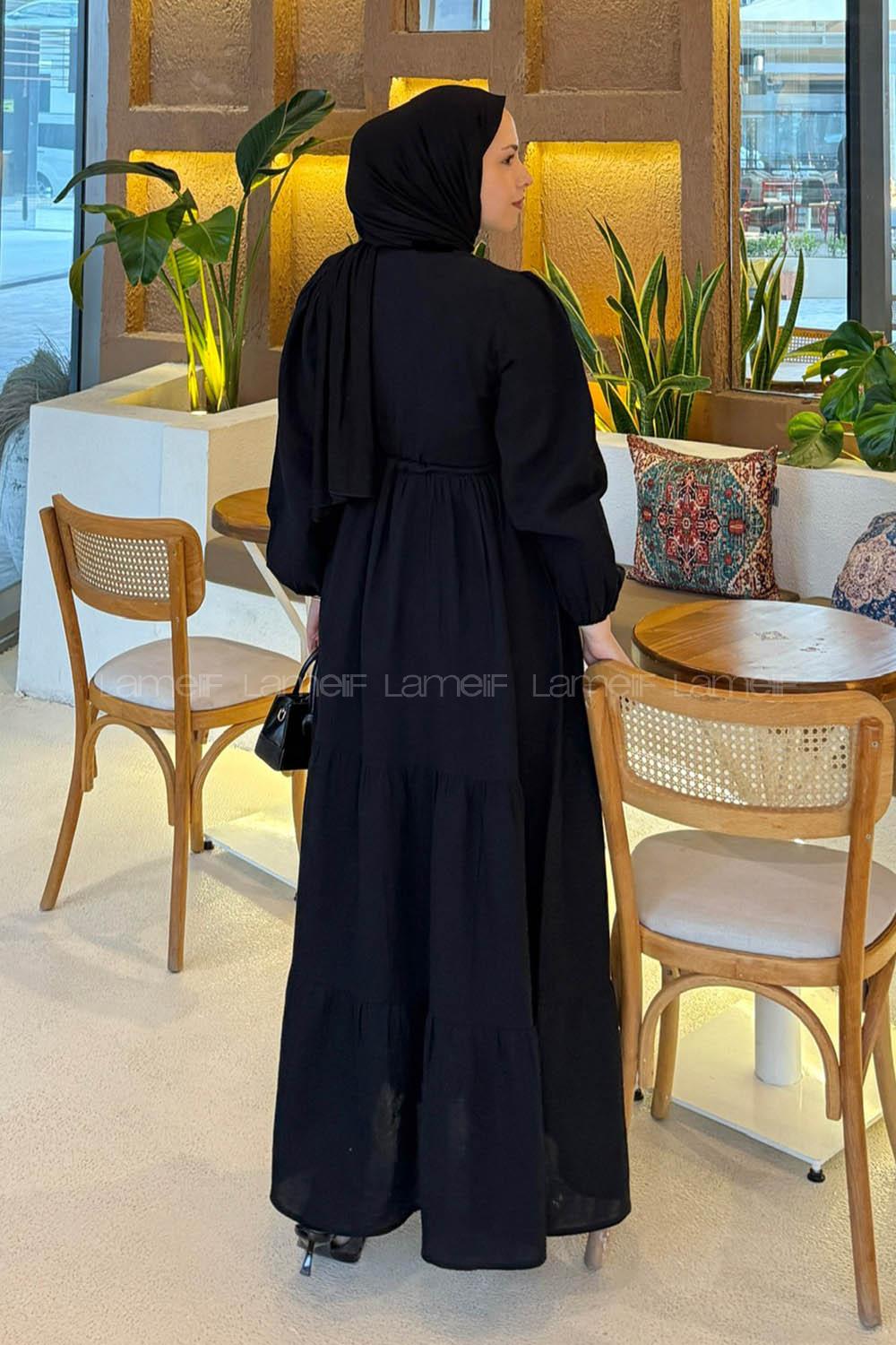 Lamelif Bel Büzgülü Tesettür Elbise Siyah