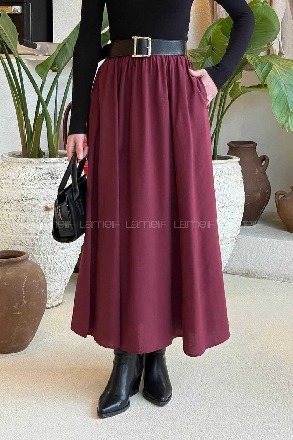 Lamelif Cep Detaylı Tensel Kloş Etek Bordo