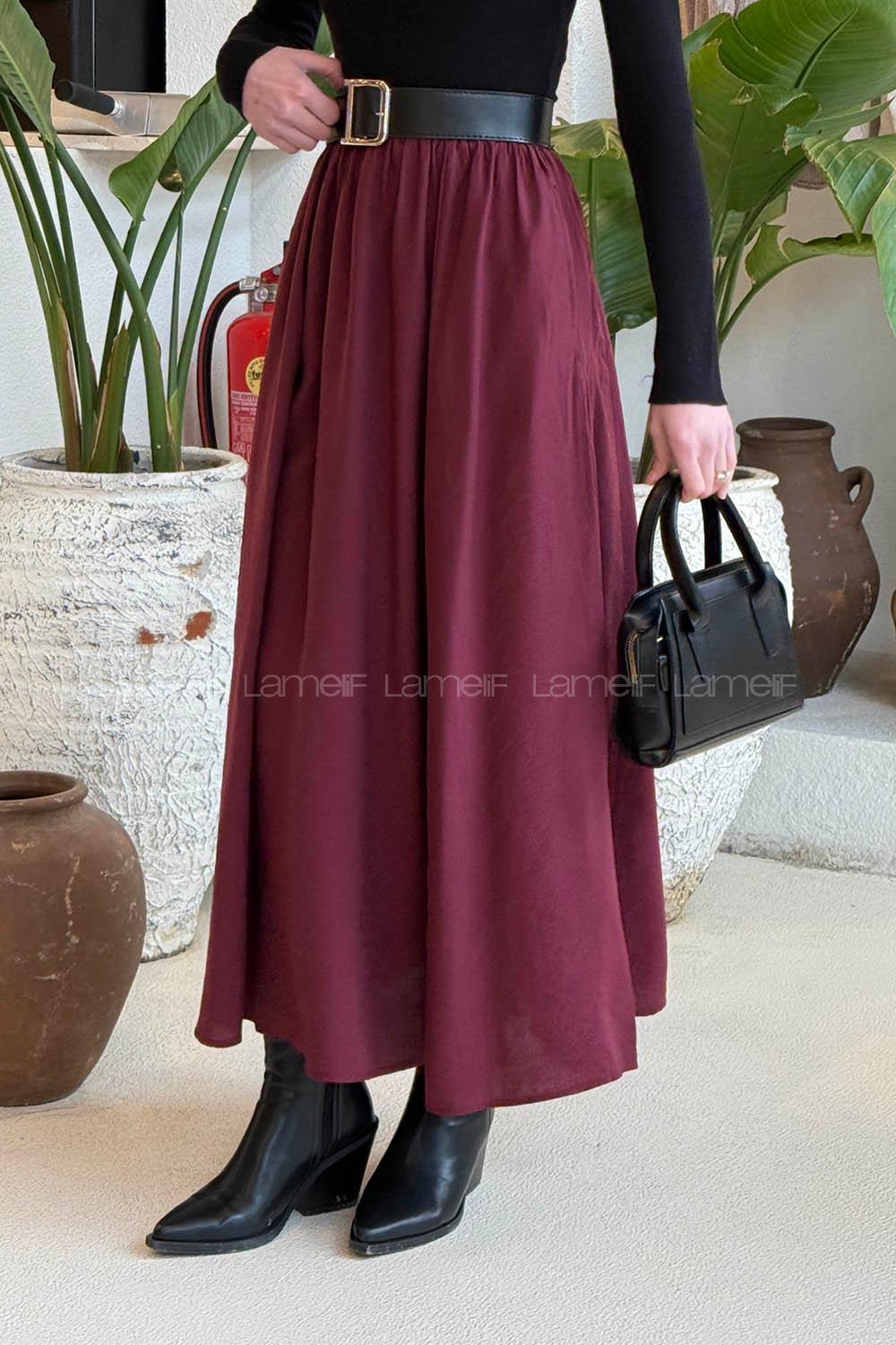 Lamelif Cep Detaylı Tensel Kloş Etek Bordo