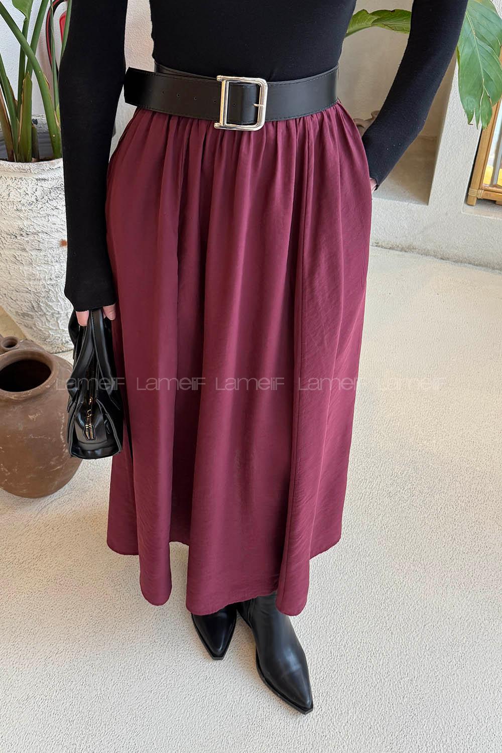 Lamelif Cep Detaylı Tensel Kloş Etek Bordo
