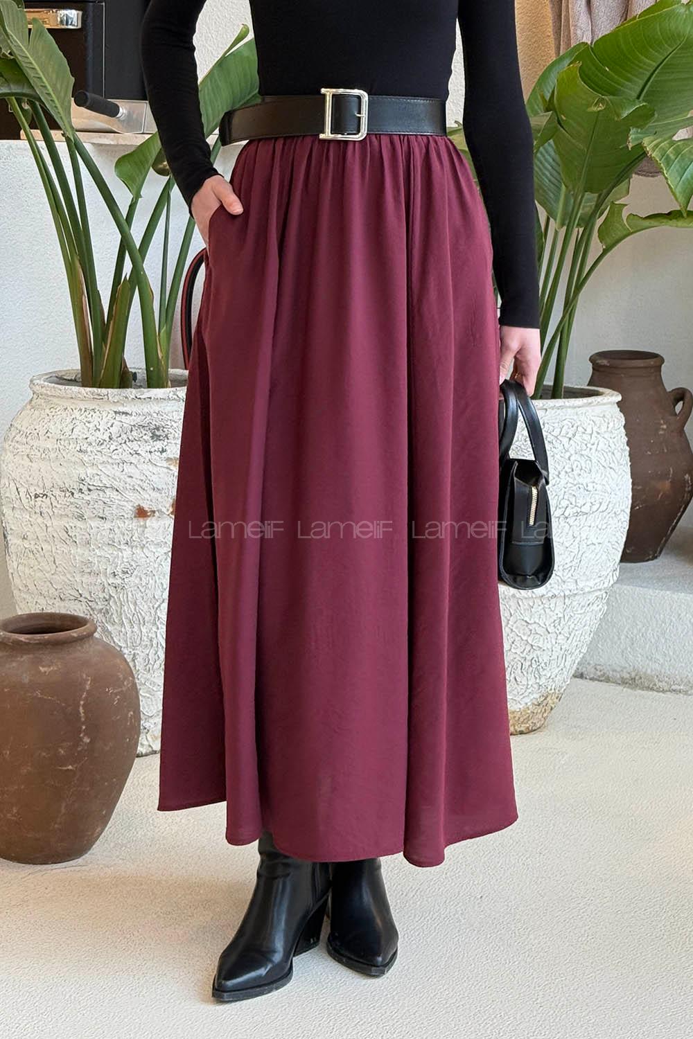 Lamelif Cep Detaylı Tensel Kloş Etek Bordo