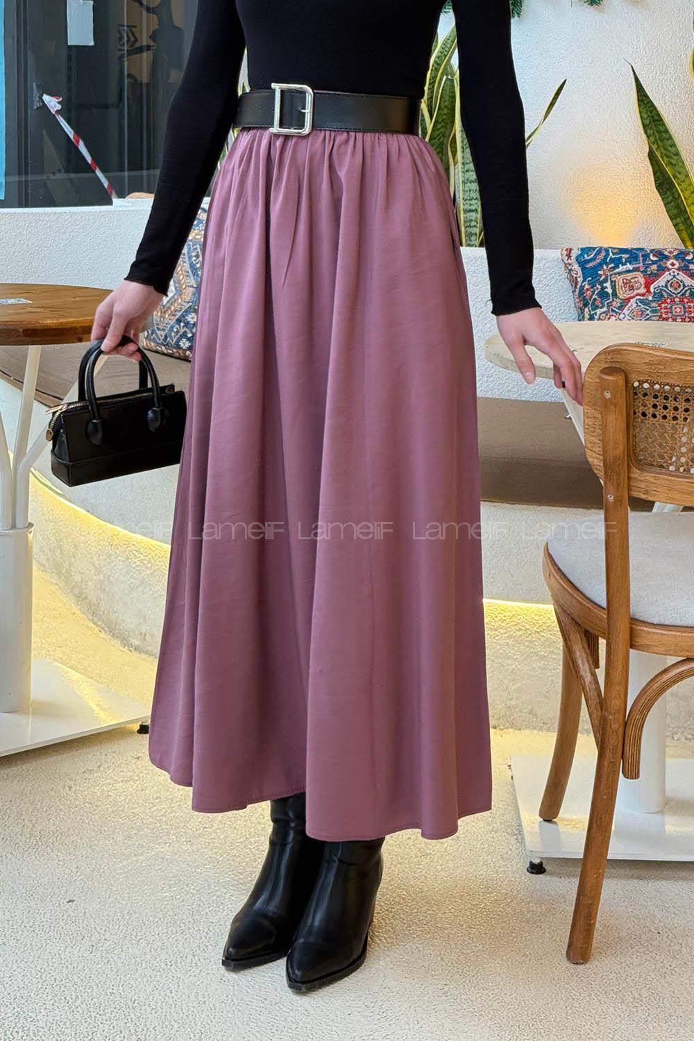 Lamelif Cep Detaylı Tensel Kloş Etek Gül Kurusu