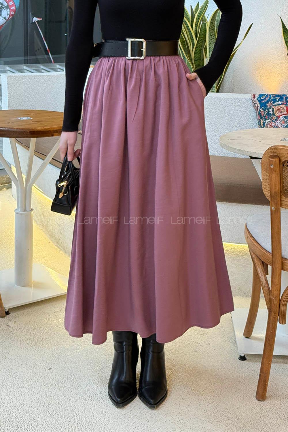 Lamelif Cep Detaylı Tensel Kloş Etek Gül Kurusu