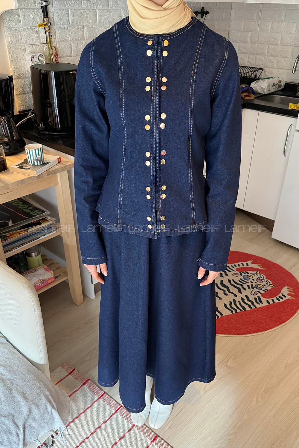 Lamelif Çıtçıt Detaylı Etekli Kot Takım Koyu Mavi