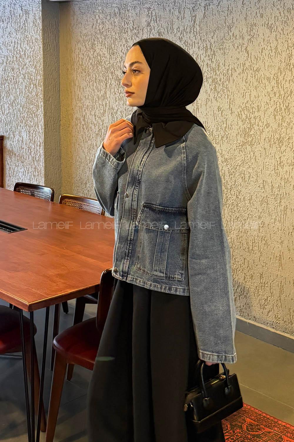 Lamelif Çıtçıtlı Siyah Gömlek Yaka Detaylı Denim Ceket Kot Mavisi