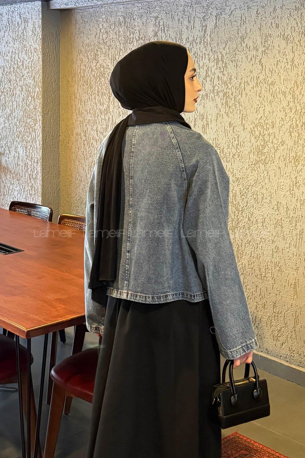 Lamelif Çıtçıtlı Siyah Gömlek Yaka Detaylı Denim Ceket Kot Mavisi