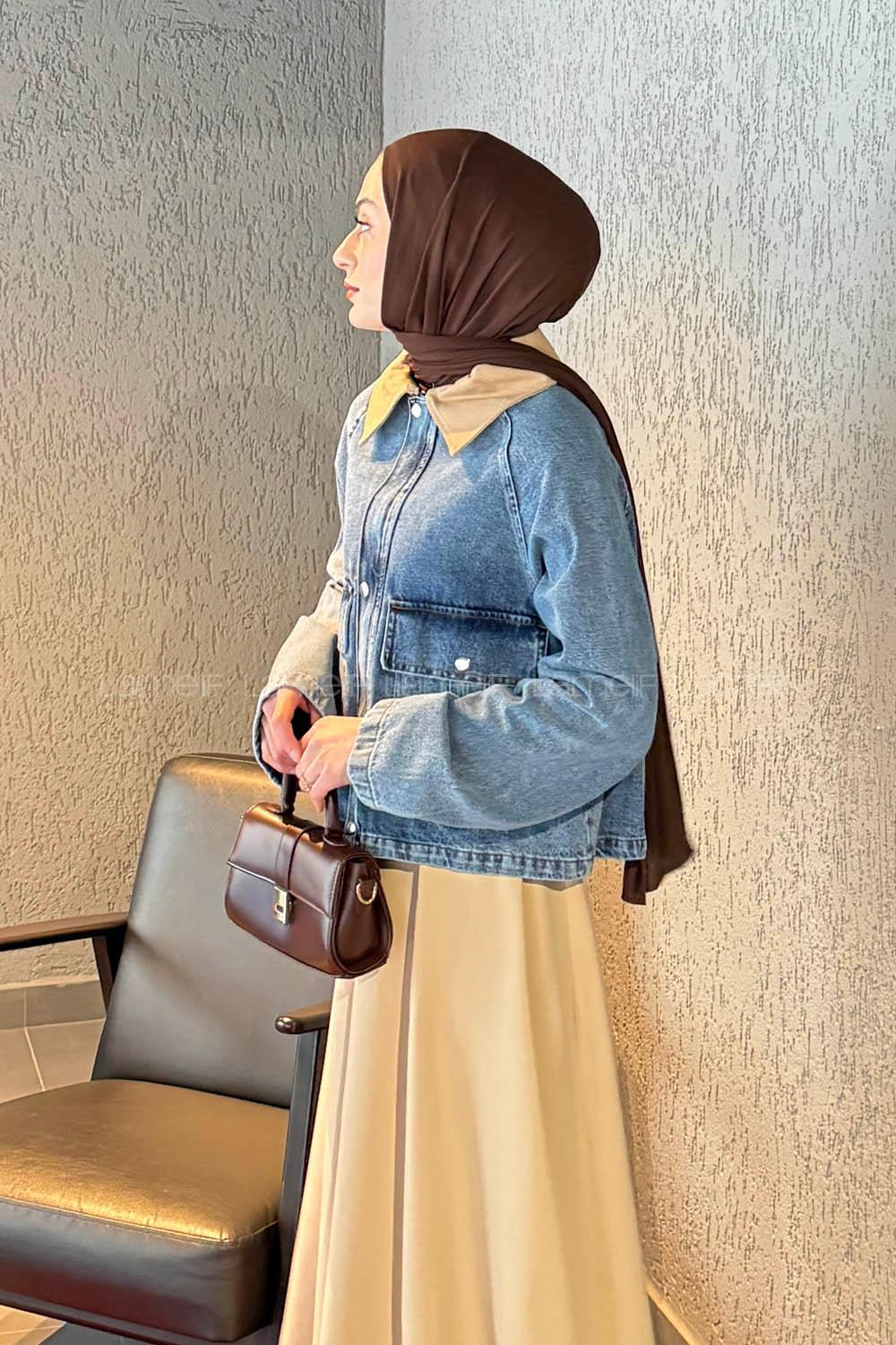 Lamelif Çıtçıtlı Vizonrengi Gömlek Yaka Detaylı Denim Ceket Kot Mavisi