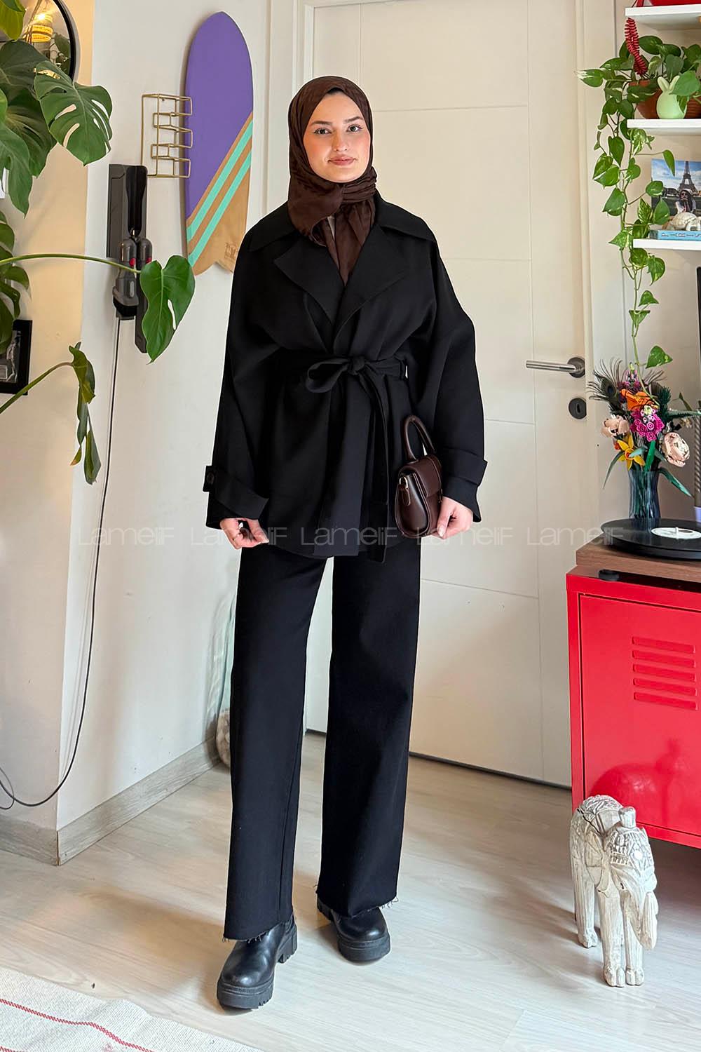 Lamelif Dökümlü Kemerli Trençkot Siyah